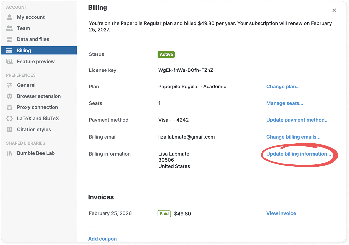 Settings › Billing showing an Active status, plan, seats, payment method, billing email and billing address, with the circled “Update billing information…” link, above an Invoices list with a paid entry.